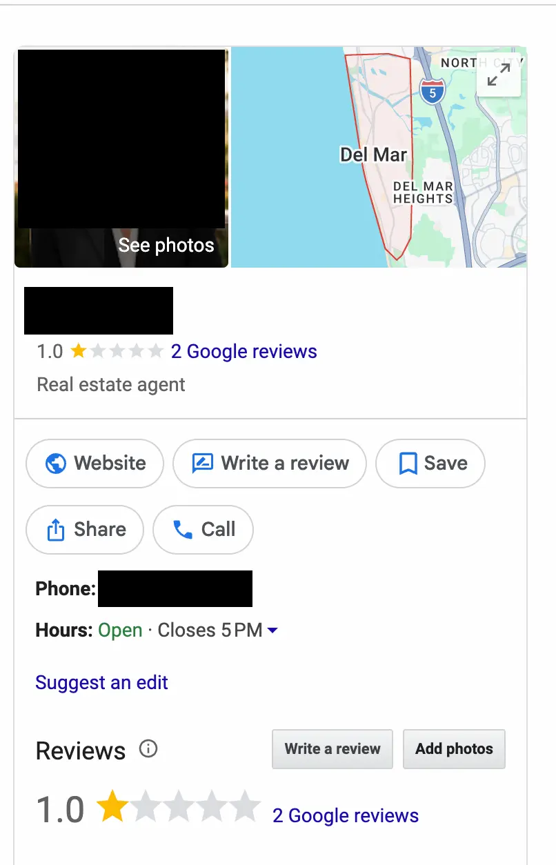 Redacted Google Business profile in Del Mar showing a 1.0 star rating and two Google reviews.